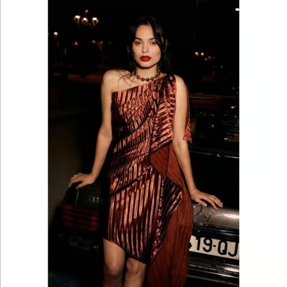 Anthropologie - Guapa One-Shoulder Metallic Pleated Mini Dress - Size 2